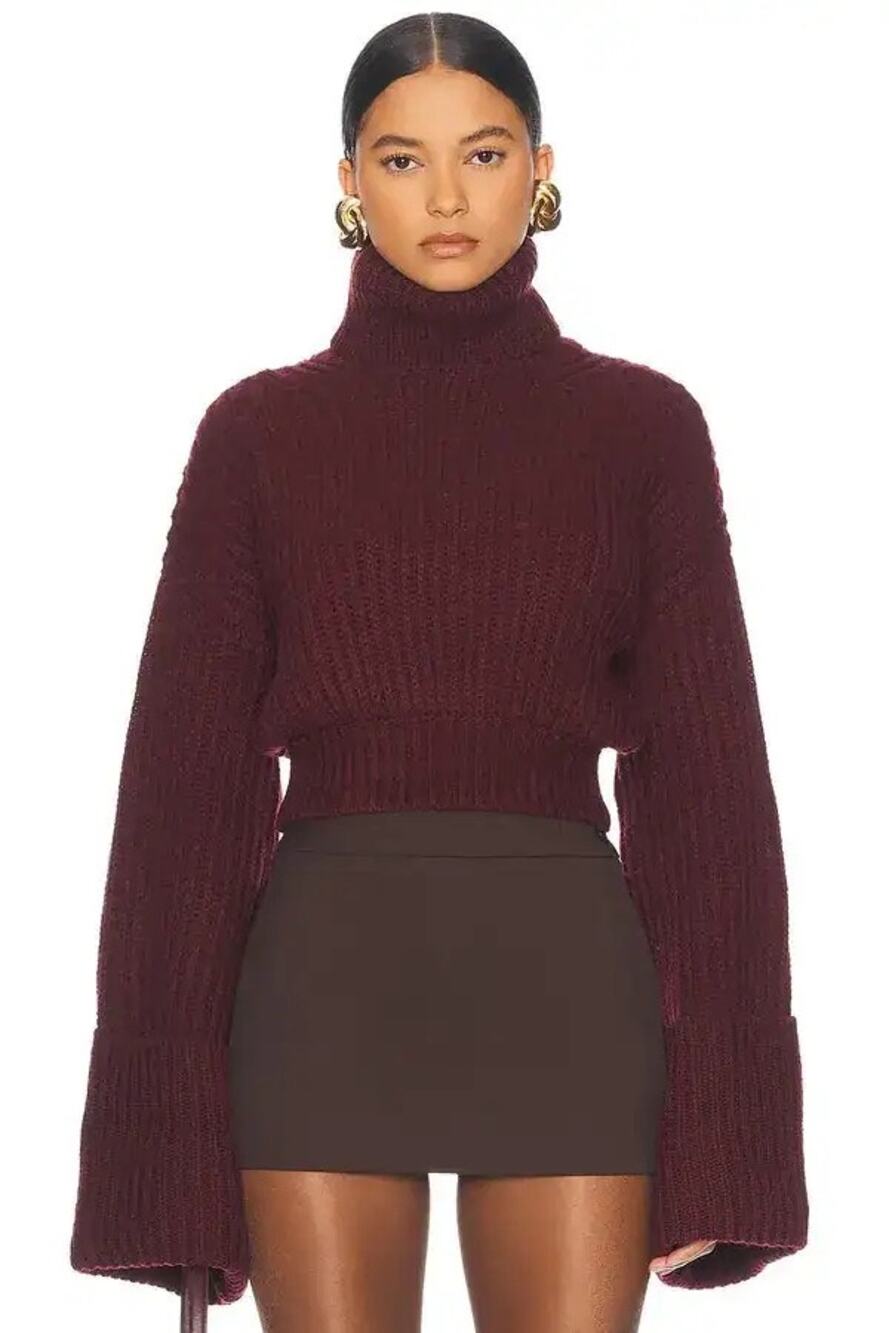 Helsa Esti Burgundy Cropped Turtleneck Wool Alpaca Blend Sweater Small